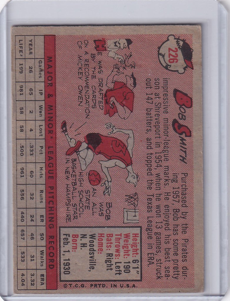 Vintage Bob Smith Pittsburgh Pirates baseball card with cartoon illustrations and stats