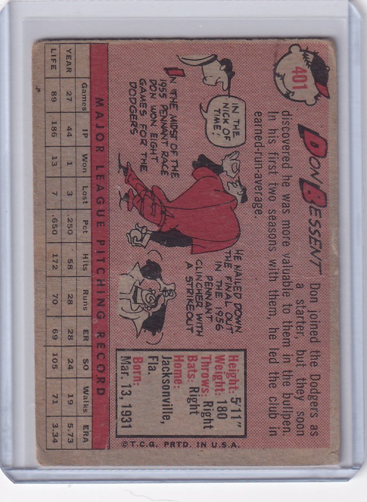 Vintage baseball card of Don Bessent from the Los Angeles Dodgers with cartoon graphics