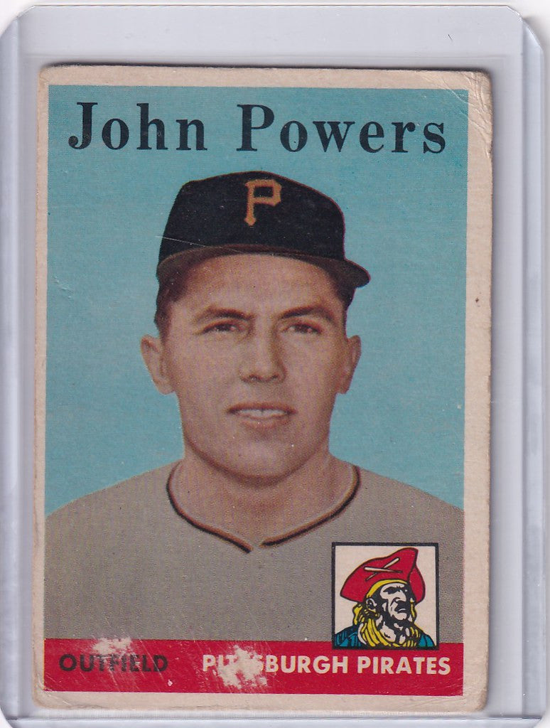 Baseball card of John Powers, Pittsburgh Pirates player in cap with P logo