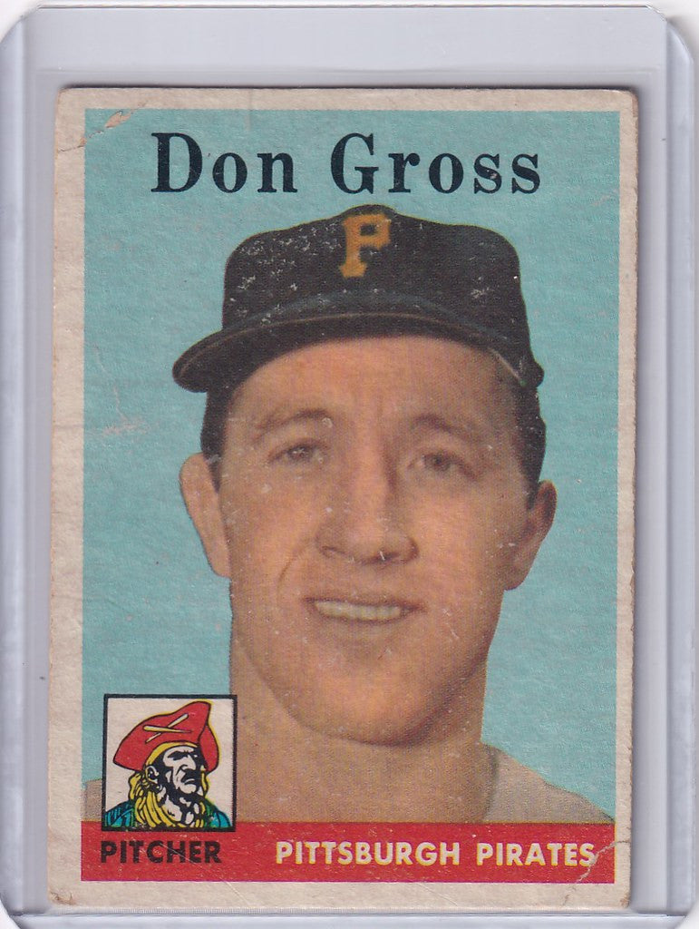 Vintage 1958 Topps Don Gross trading card of Pittsburgh Pirates pitcher with P cap