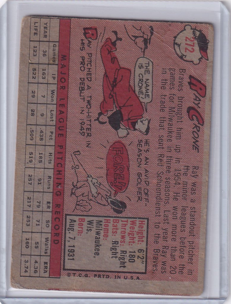 Vintage 1958 Topps Ray Crone baseball card with San Francisco Giants player stats