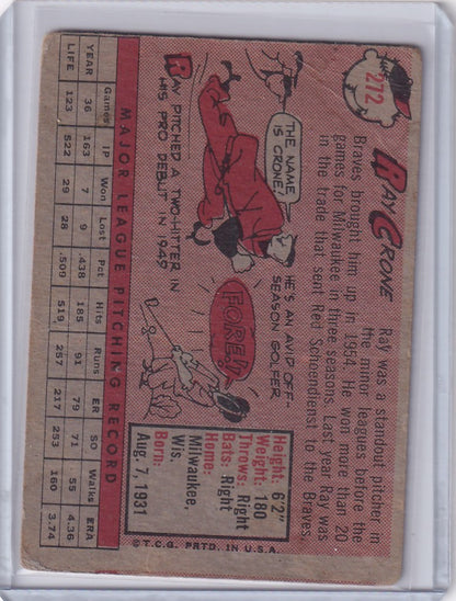 Vintage 1958 Topps Ray Crone baseball card with San Francisco Giants player stats