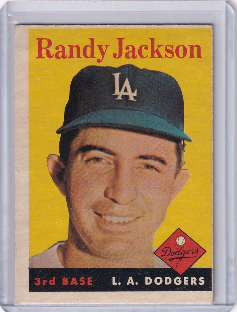 Baseball card of Randy Jackson in Los Angeles Dodgers cap smiling