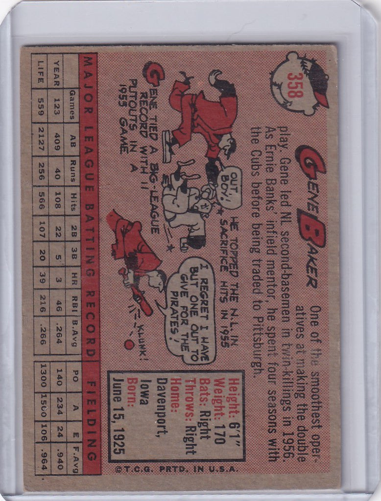 Vintage 1958 Topps #358 Gene Baker trading card featuring Pittsburgh Pirates player stats