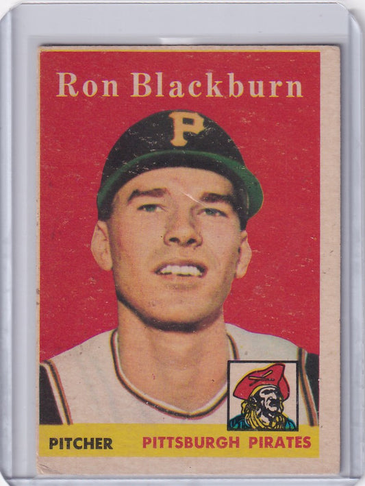 Vintage baseball card of Ron Blackburn, Pittsburgh Pirates pitcher with black cap