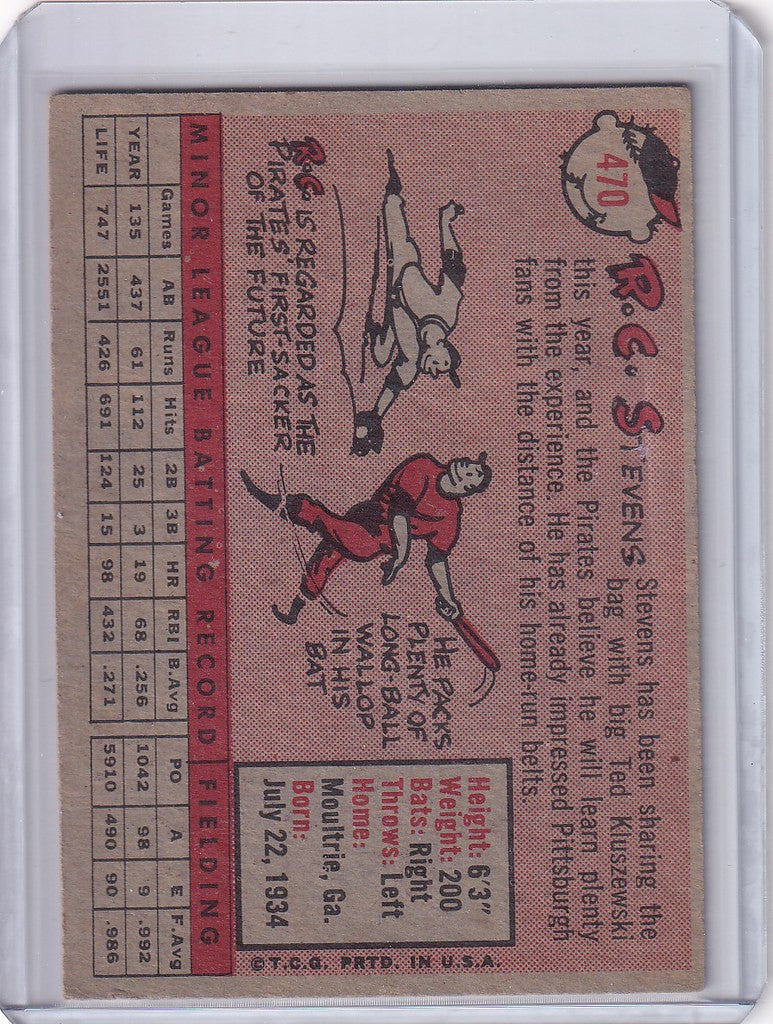 Vintage baseball card of R.C. Stevens - Pittsburgh Pirates with cartoon illustrations and stats