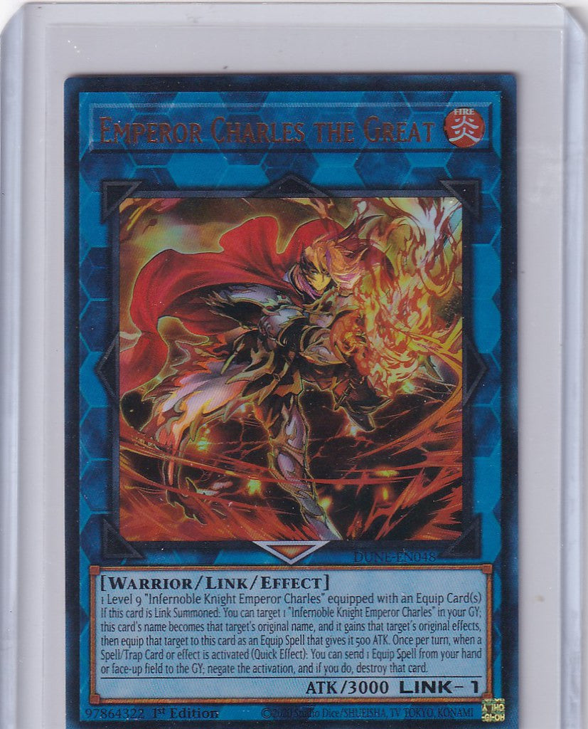 Trading card of Nexus Emperor Charles the Great with fiery warrior and flaming sword