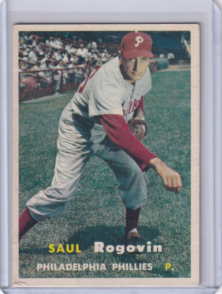 Vintage Topps Baseball card of Saul Rogovin, Philadelphia Phillies pitcher in mid-throw