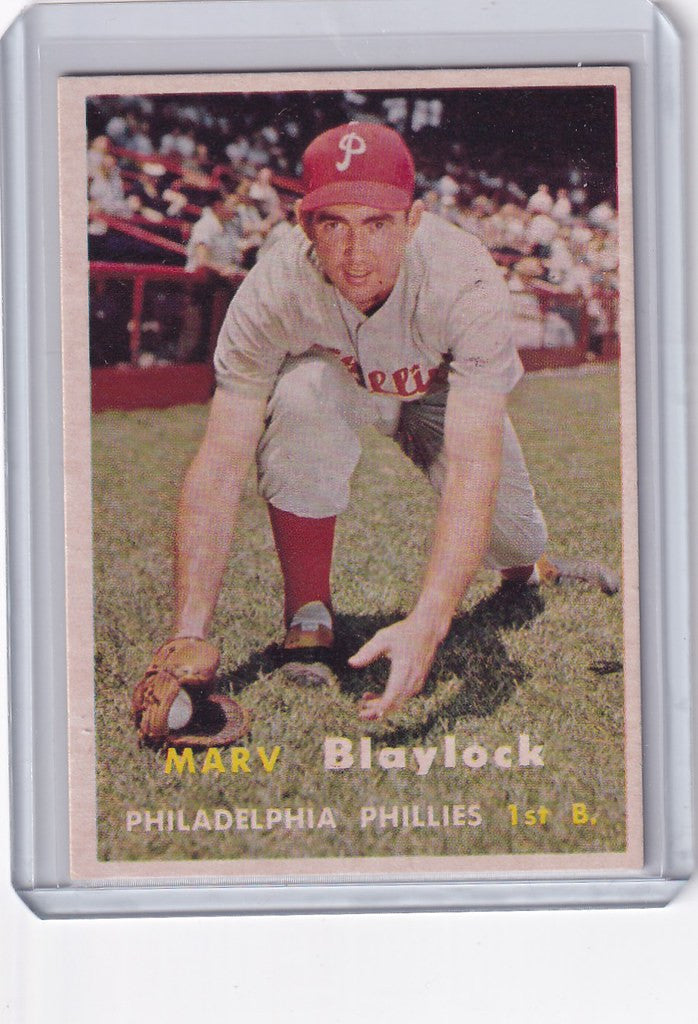 Vintage 1957 Topps Baseball card of Marv Blaylock in Philadelphia Phillies fielding pose