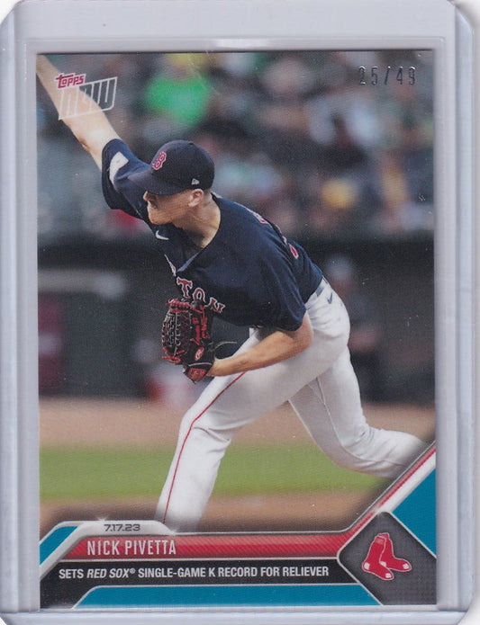 Baseball card of Nick Pivetta in a Red Sox jersey mid-throw, 2023 Topps Now Parallel