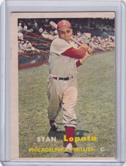 Vintage 1957 Topps Baseball card of Stan Lopata in a batting stance for Philadelphia Phillies