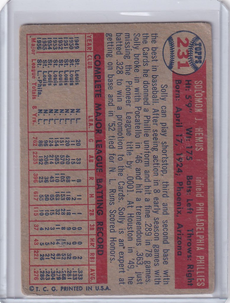 Vintage Topps Baseball card featuring Solly Hemus and Philadelphia Phillies stats