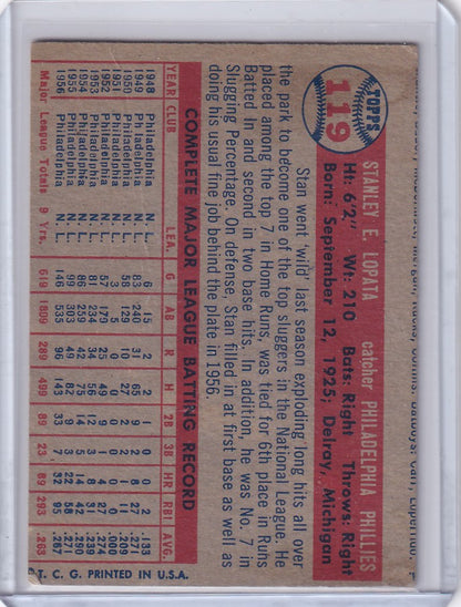 Vintage Topps baseball card of Stan Lopata with Philadelphia Phillies stats on brownish-red