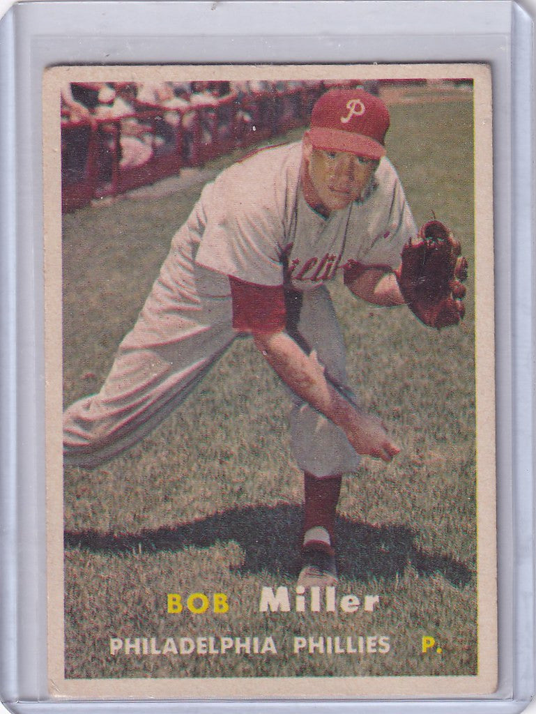 Vintage 1957 Topps Baseball card of Bob Miller pitching for Philadelphia Phillies