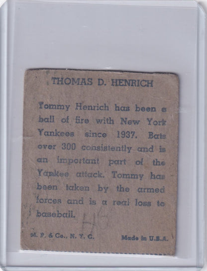 Vintage 1937 Tom Henrich baseball card from York Yankees R302-01 M.P. & Co collection