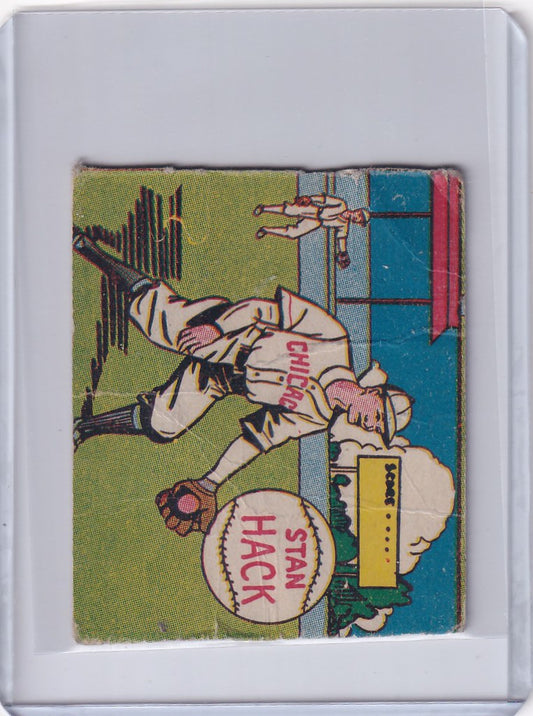 Vintage baseball card of Stan Hack Chicago Cubs pitcher in mid-throw illustration