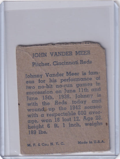 Vintage baseball card of John Vander Meer, Cincinnati Reds pitcher, 1943 R302-01