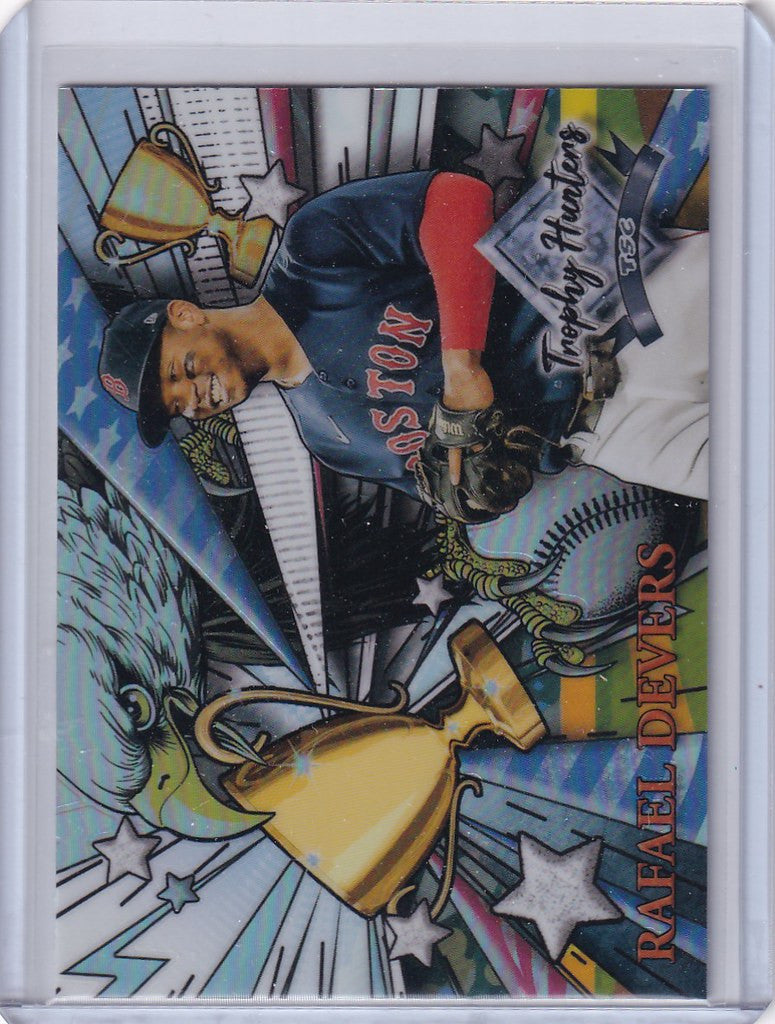 Baseball trading card of Hunters Rafael Devers in navy uniform from Topps Trophey Hunters