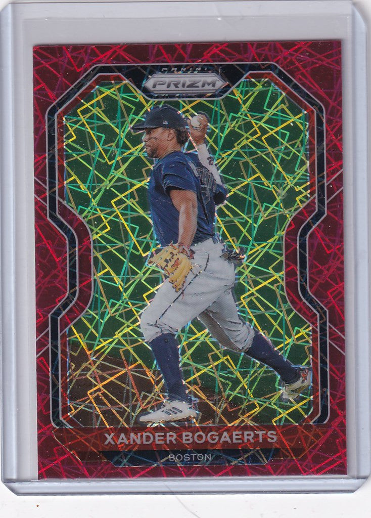 Baseball trading card of Xander Bogaerts Boston Red Sox in mid-throw, Panini Prizm Red