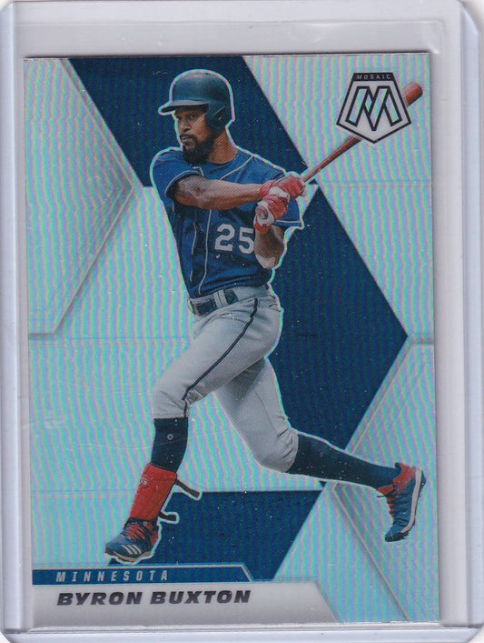 Baseball trading card of Byron Buxton Minnesota Twins in blue uniform, Panini Mosaic Prizm