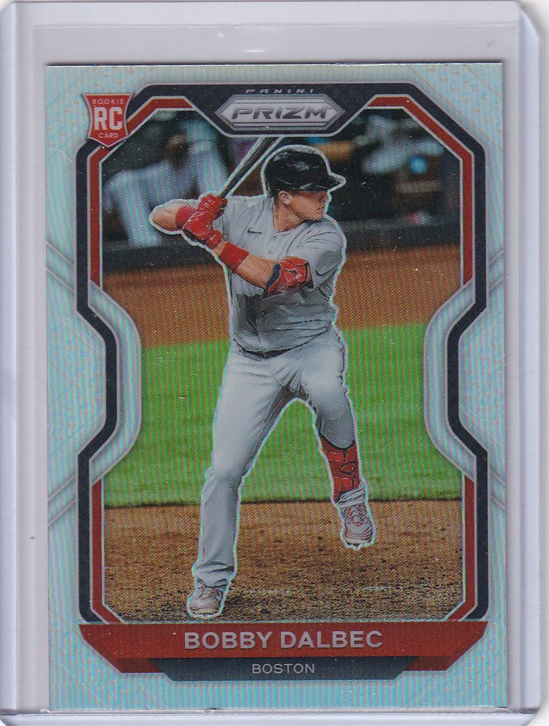 Baseball trading card of Bobby Dalbec Boston in batting stance from Panini Prizm Silver