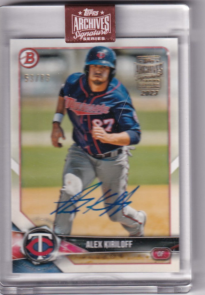 Baseball card of Alex Kiriloff in batting stance, Topps Archive Signature Auto 53/63