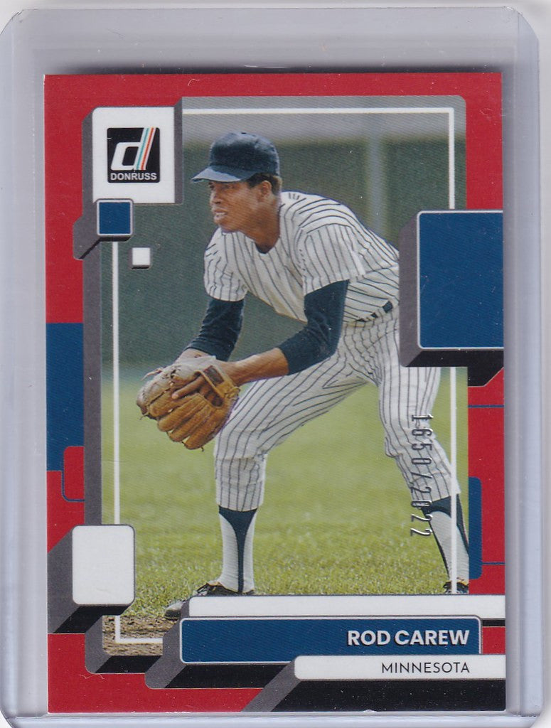 Baseball card of Rod Carew in pinstriped uniform, featuring Panini Donruss design