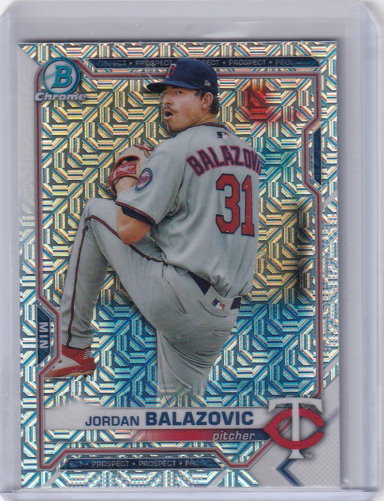 Baseball trading card of Jordan Balazovic Minnesota Twins in 2020 Bowman Chrome Mojo design