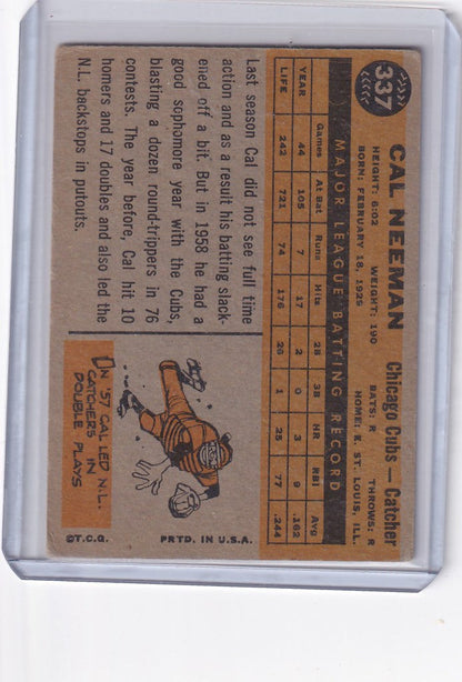 Vintage baseball card of Cal Neeman - Chicago Cubs with cartoon imagery and stats