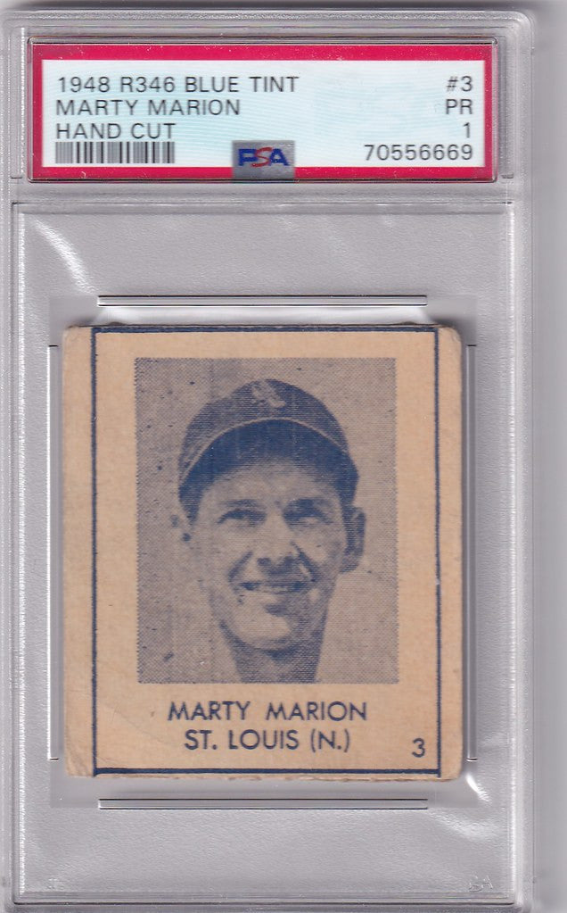 Vintage R346 Blue Tint baseball card of Marty Marion in protective holder with PSA grade