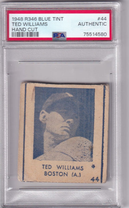 Graded 1948 R346 Blue Tint #44 Ted Williams PSA baseball card in protective case