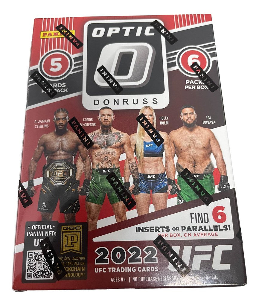 Box of 2022 Panini Donruss Optic UFC trading cards with fighter images on cover