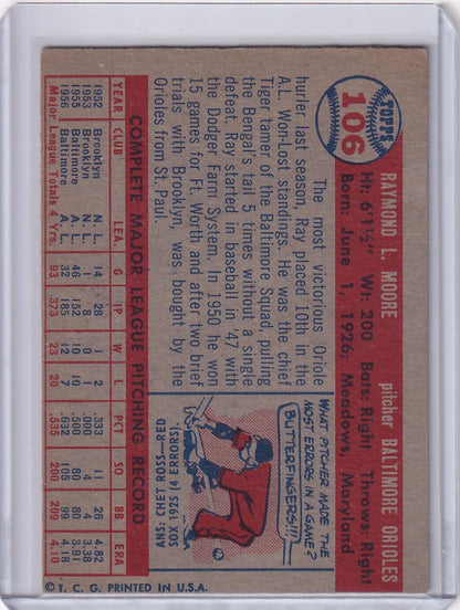 Vintage Topps Baseball card of Ray Moore showcasing Baltimore Orioles statistics and art