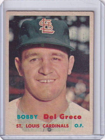 Bobby Del Greco 1957 Topps Baseball card featuring St. Louis Cardinals player in cap