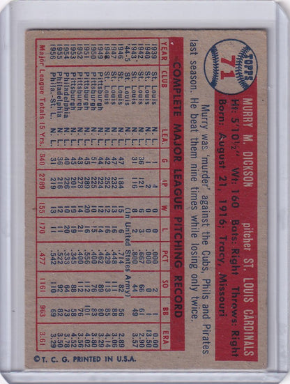 1957 Topps Baseball card of Murry Dickson showcasing St. Louis Cardinals player stats