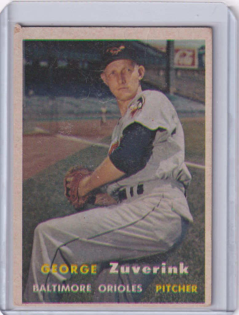 Vintage Topps Baseball card of George Zuverink, Baltimore Orioles pitcher in white uniform