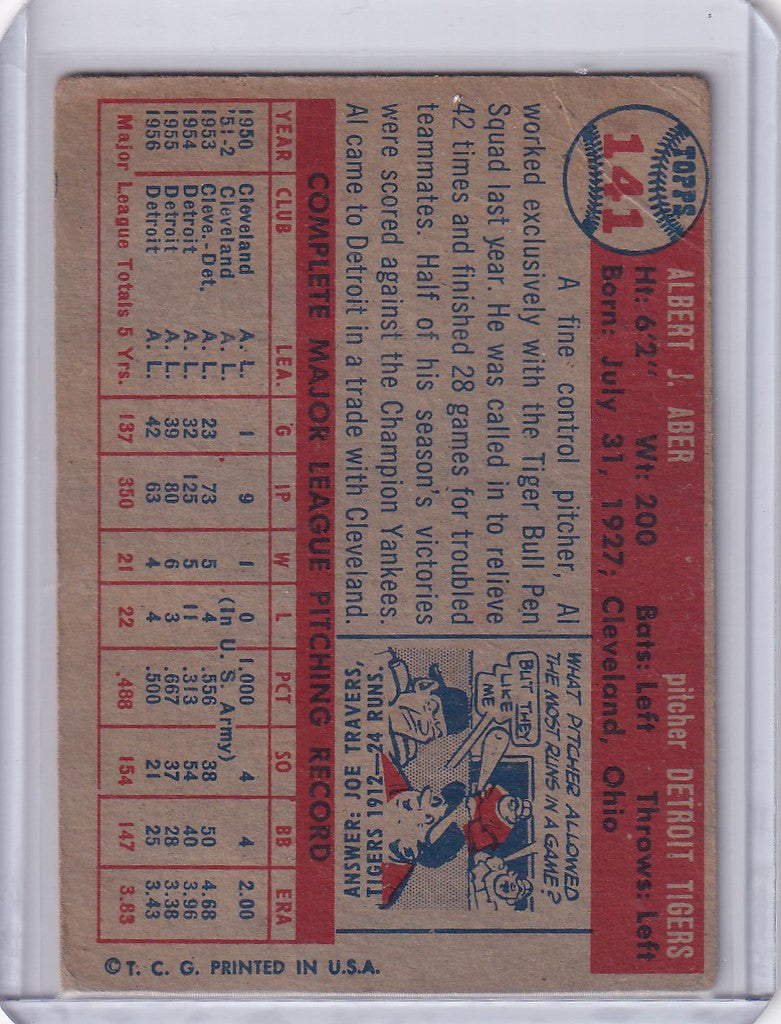 Vintage 1957 Topps Baseball card of Al Aber - Detroit Tigers with player stats and illustration