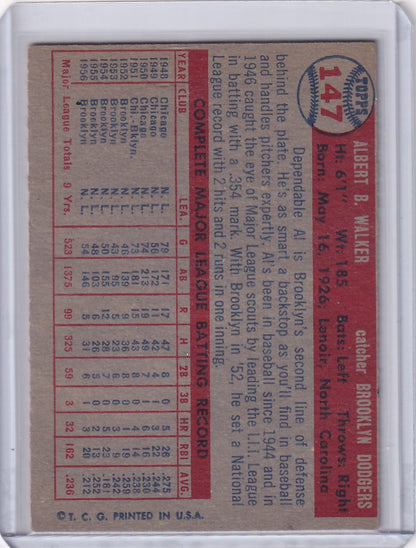 Vintage Topps Baseball card of Rube Walker from the Brooklyn Dodgers with stats and bio