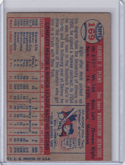 Vintage Topps Baseball card of Herb Plews featuring Washington Senators stats