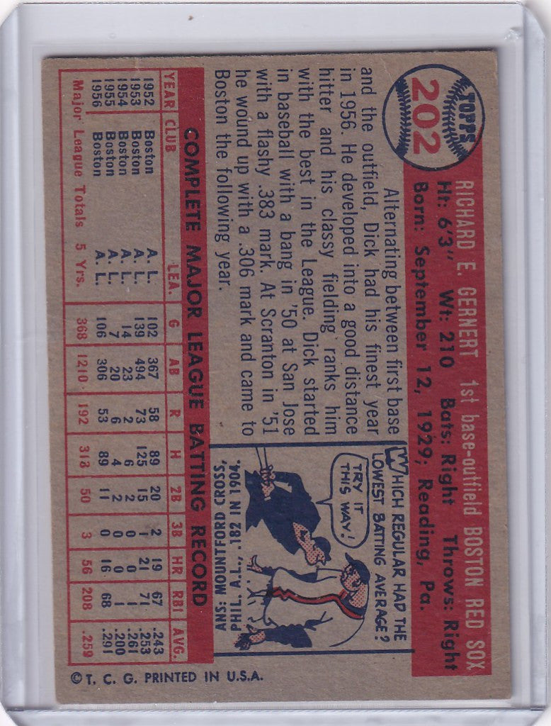 Vintage 1957 Topps Baseball card of Dick Gernert from Boston Red Sox with player stats