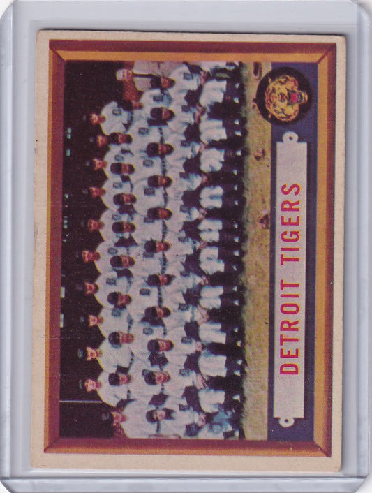 1957 Topps Baseball #198 Detroit Tigers team photo card featuring iconic players