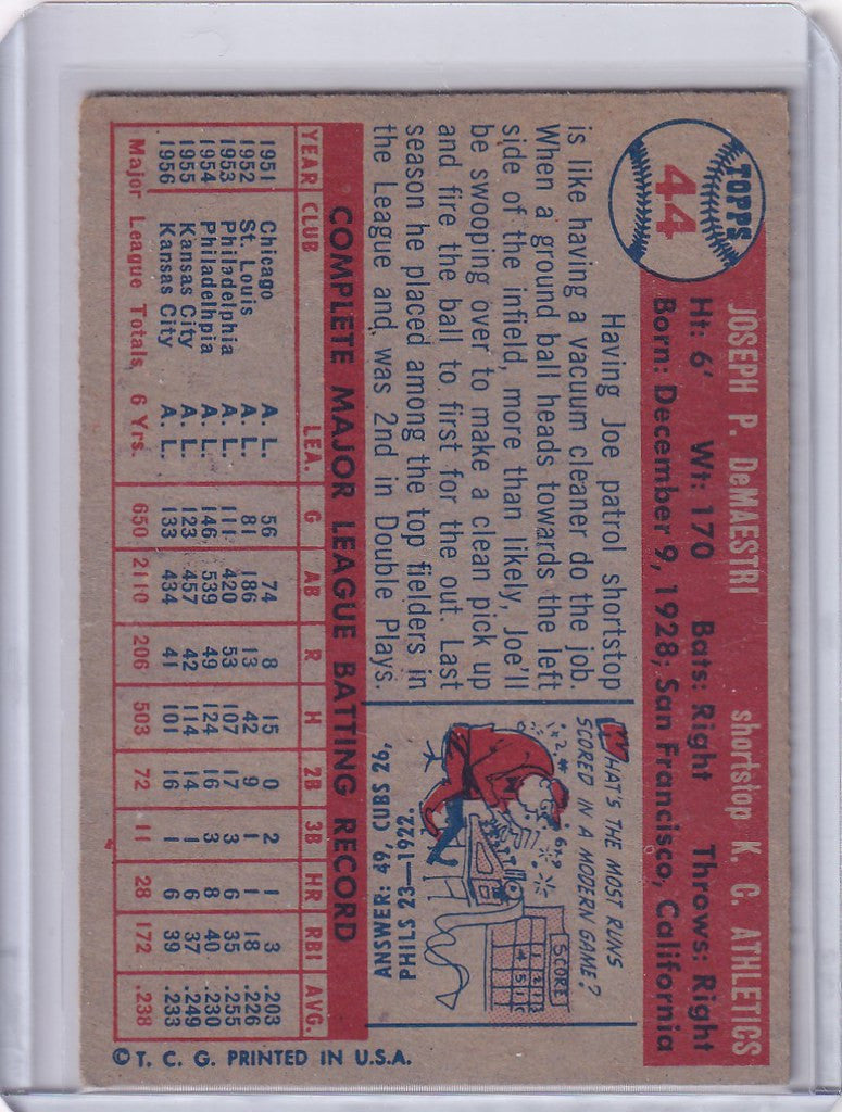 Vintage Topps Baseball card of Joe DeMaestri for Kansas City Athletics with player stats