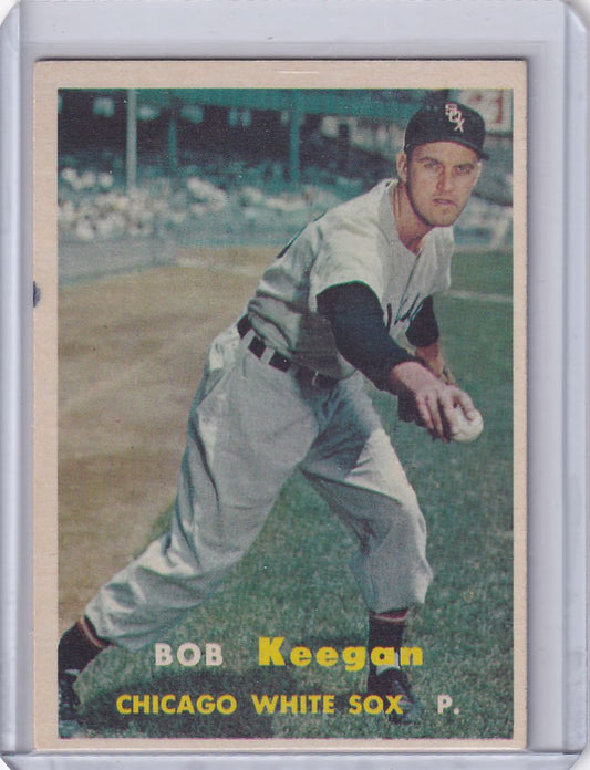 Vintage Topps Baseball card of Bob Keegan, Chicago White Sox pitcher mid-throw