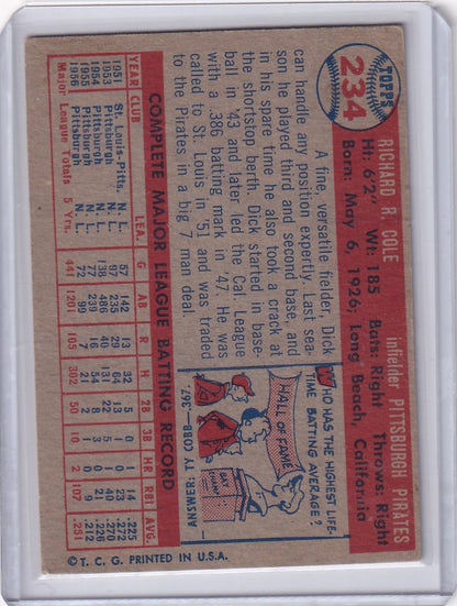 Vintage 1957 Topps Baseball Card of Dick Cole from the Pittsburgh Pirates with stats