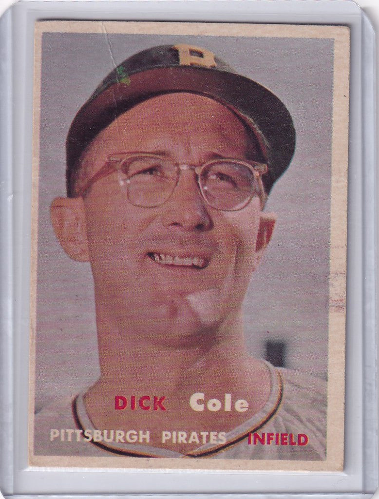 Vintage Topps Baseball card of Dick Cole, smiling Pittsburgh Pirates player in cap and glasses