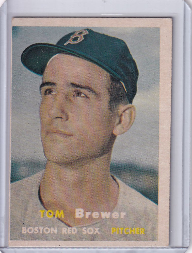 Boston Red Sox pitcher Tom Brewer on a 1957 Topps Baseball card with cap B