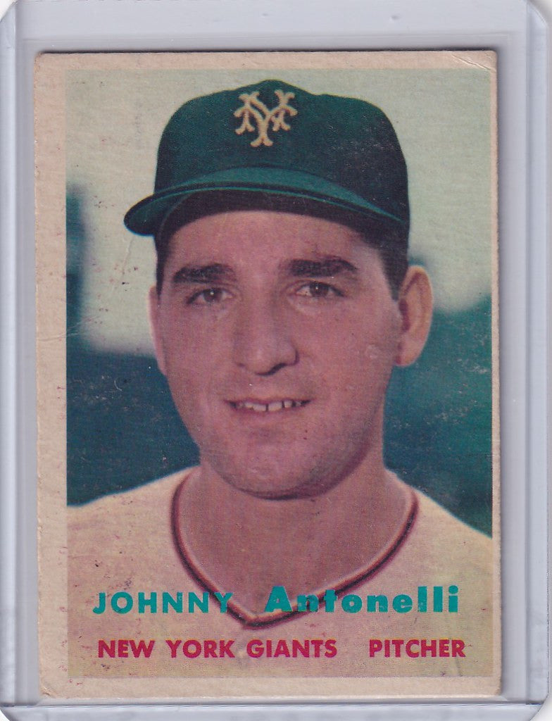 Baseball card of Johnny Antonelli, New York Giants pitcher, from Topps Baseball