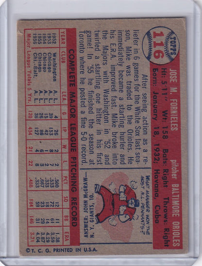 Vintage 1957 Topps Baseball card of Mike Fornieles from the Baltimore Orioles