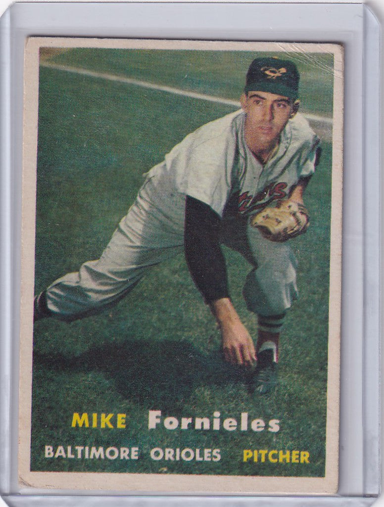 Vintage Topps Baseball card of Mike Fornieles, Baltimore Orioles pitcher in action