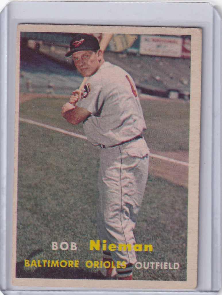 1957 Topps Baseball card of Bob Nieman, Baltimore Orioles outfielder in batting stance